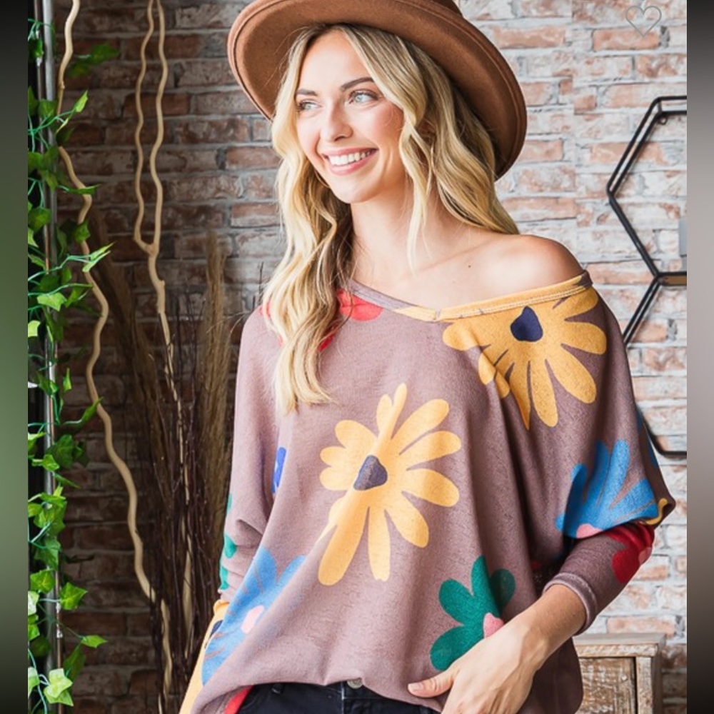 B129🌺Flirty+fun oversized mocha Daisy  on-trend top adds a happy vibe2every day - Picture 3 of 12